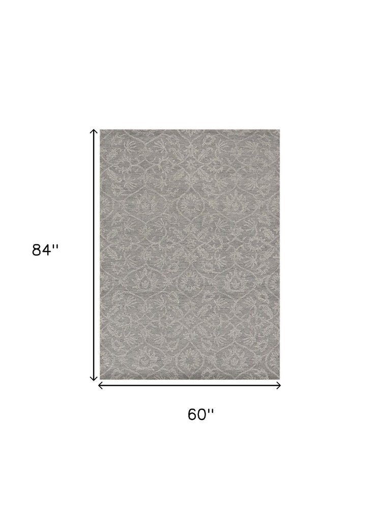 8' Gray And Light Gray Wool Floral Medallion Hand Tufted Runner Rug