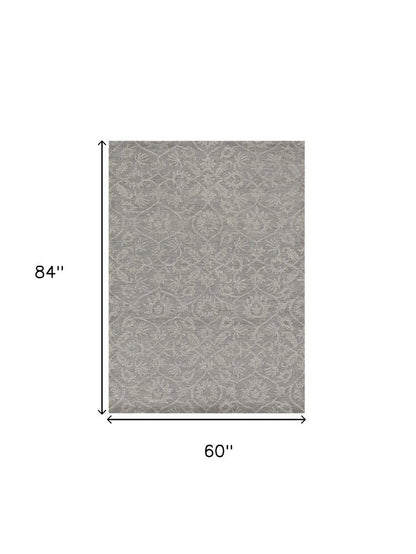5' X 7' Gray And Light Gray Wool Floral Medallion Hand Tufted Area Rug