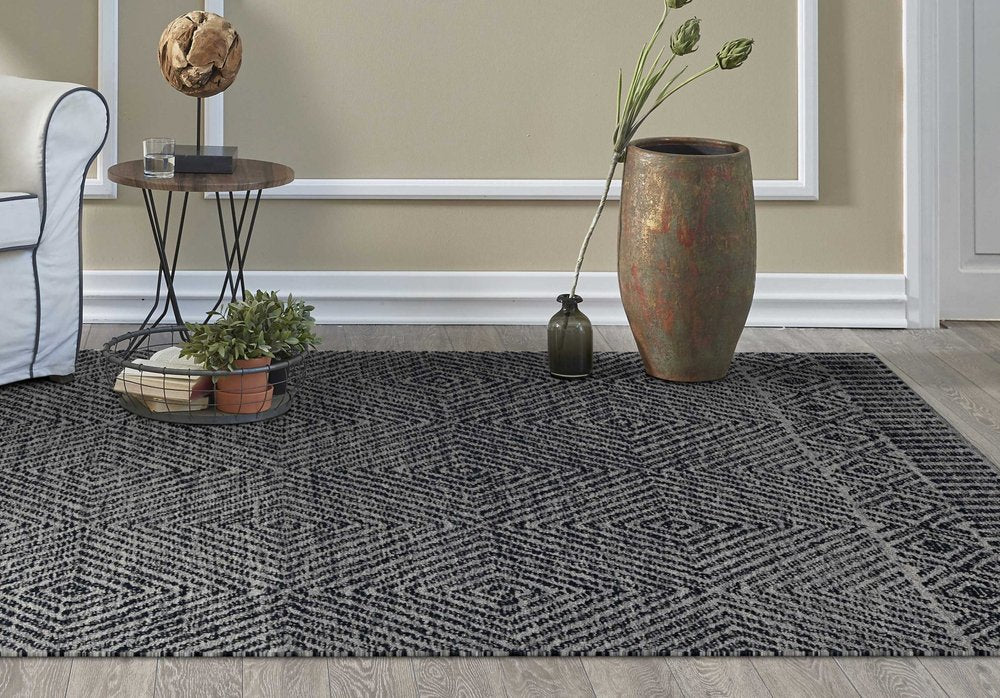 9' X 13' Gray And Black Wool Geometric Hand Tufted Area Rug