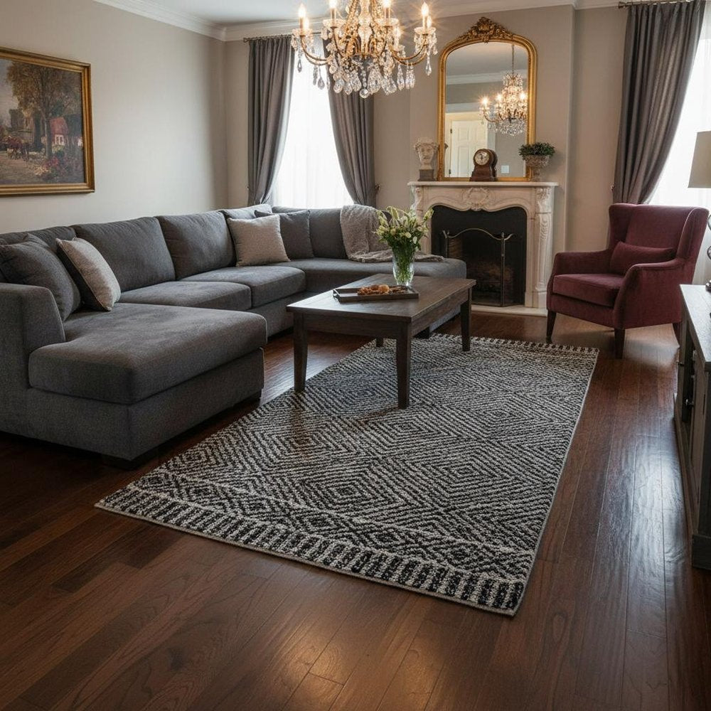 8' X 11' Gray And Black Wool Geometric Hand Tufted Area Rug