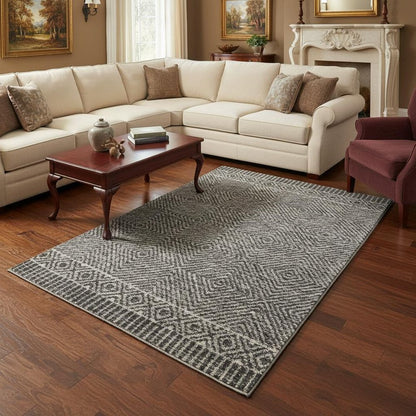 8' X 11' Gray And Black Wool Geometric Hand Tufted Area Rug