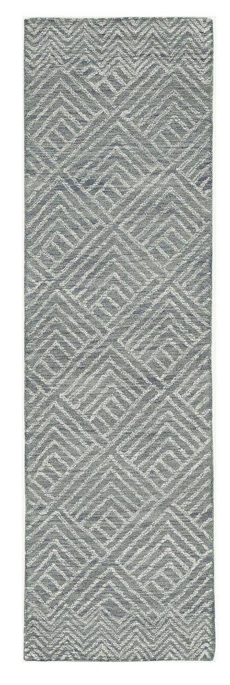 8' Denim Blue And Gray Wool Geometric Hand Tufted Runner Rug