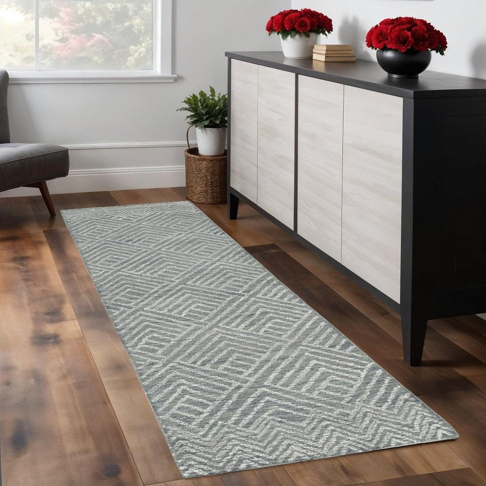 8' Denim Blue And Gray Wool Geometric Hand Tufted Runner Rug