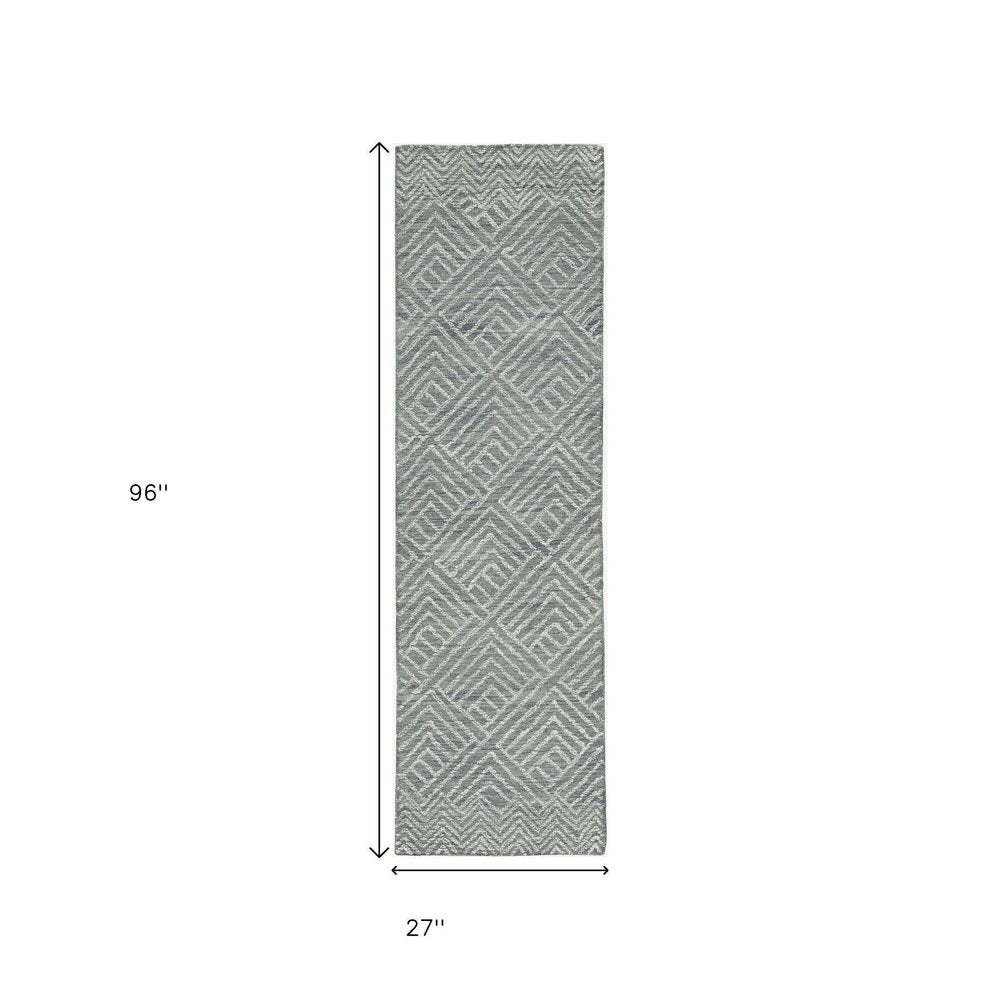 8' Denim Blue And Gray Wool Geometric Hand Tufted Runner Rug
