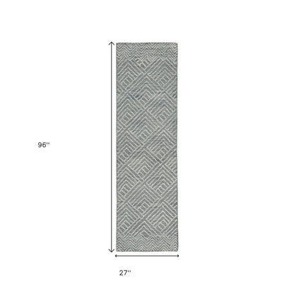 8' Denim Blue And Gray Wool Geometric Hand Tufted Runner Rug