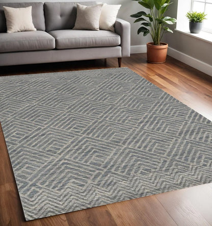 8' Denim Blue And Gray Wool Geometric Hand Tufted Runner Rug