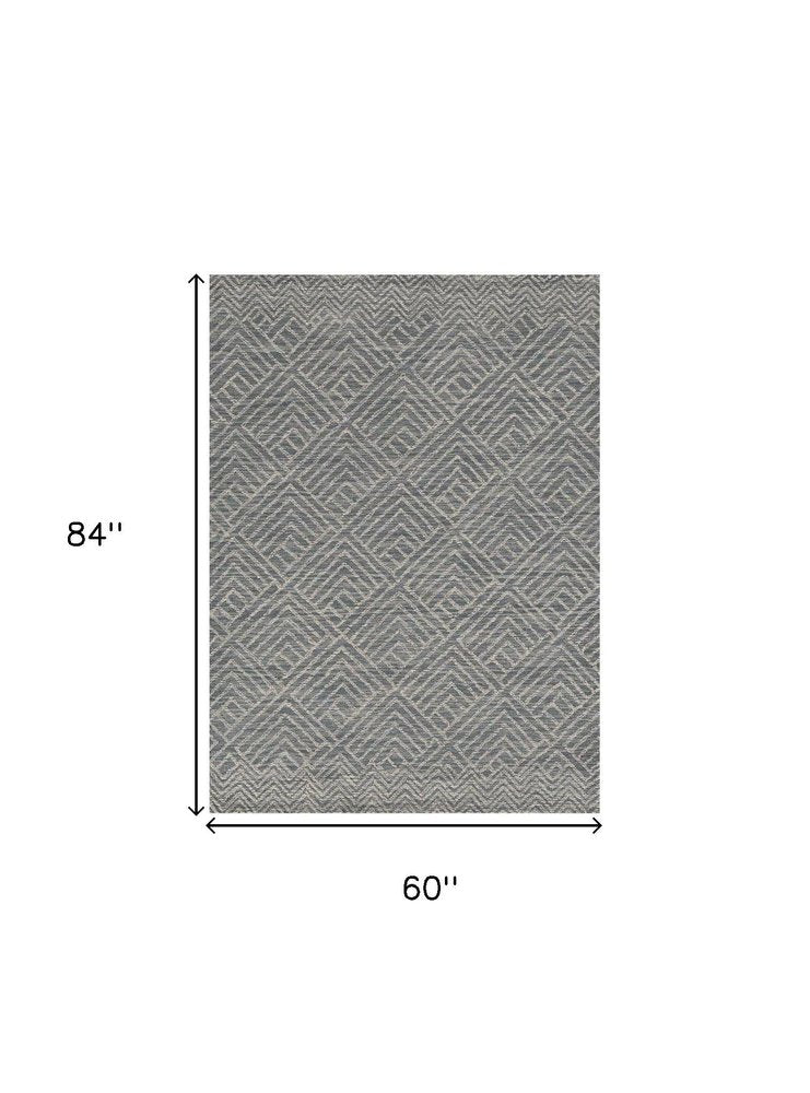 8' Denim Blue And Gray Wool Geometric Hand Tufted Runner Rug