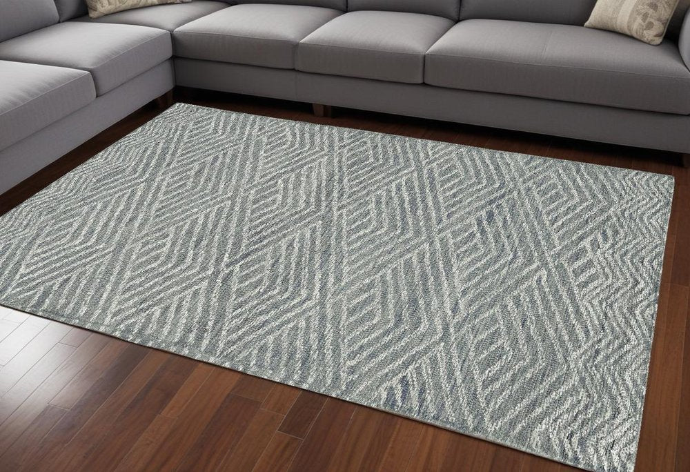 8' Denim Blue And Gray Wool Geometric Hand Tufted Runner Rug