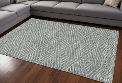 8' Denim Blue And Gray Wool Geometric Hand Tufted Runner Rug