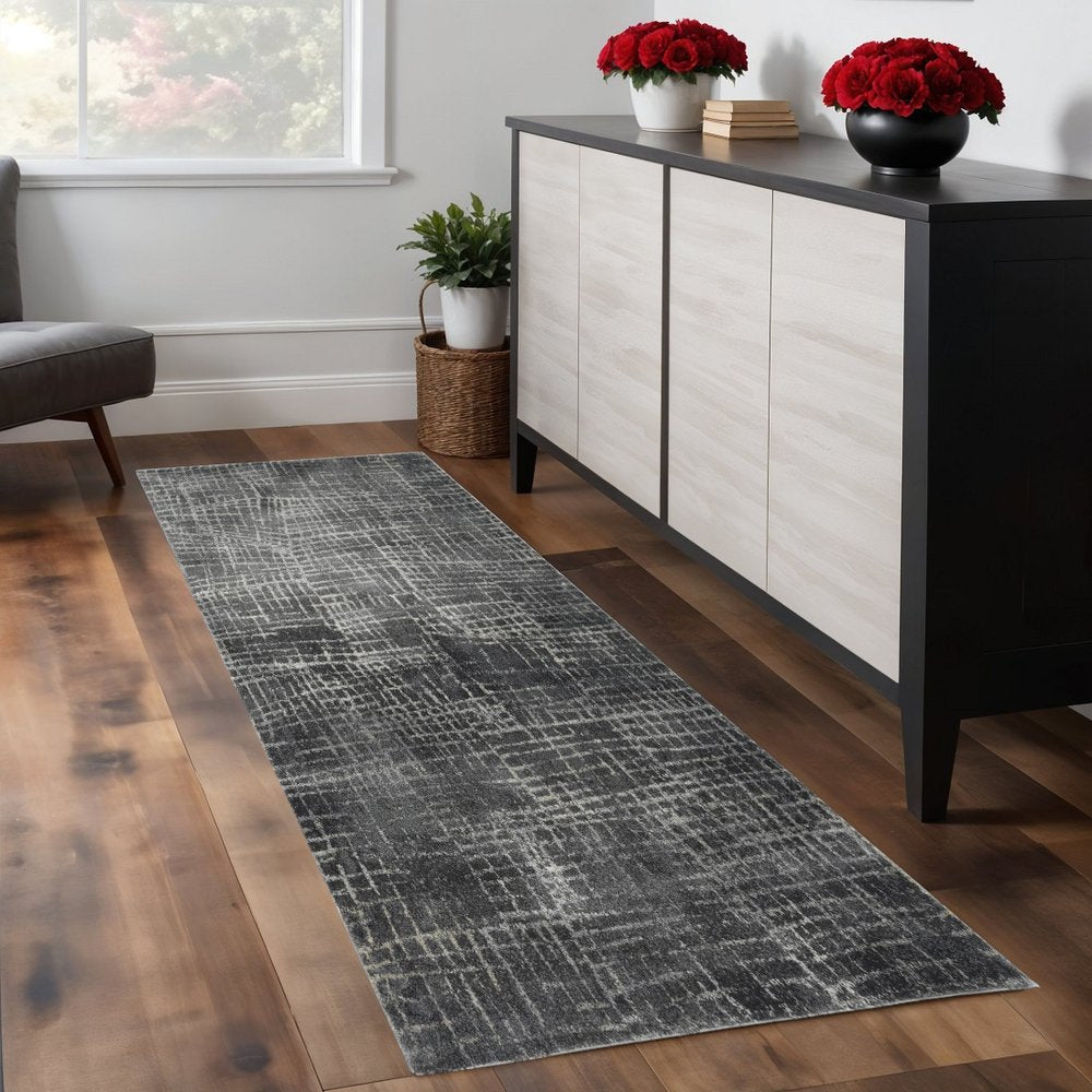 9' X 13' Gray And Dark Gray Abstract Distressed Area Rug
