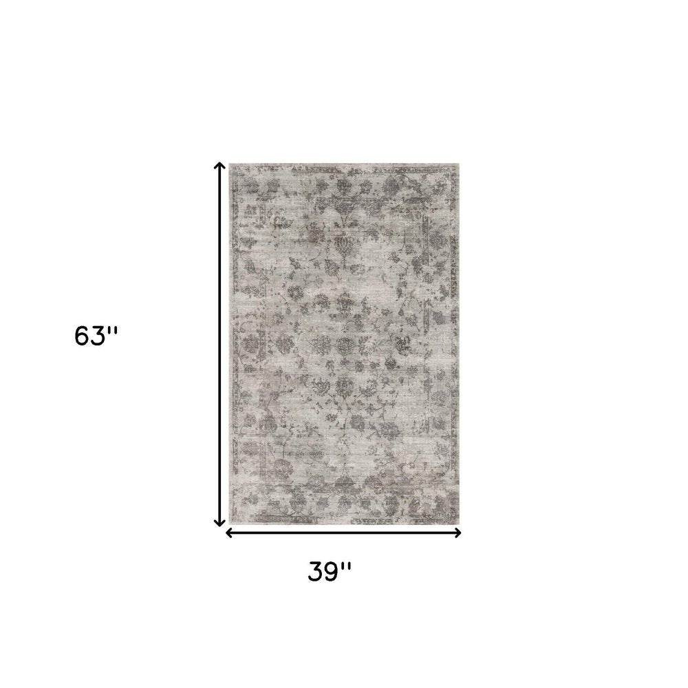3' X 5' Beige And Blue Floral Medallion Hand Loomed Distressed Area Rug