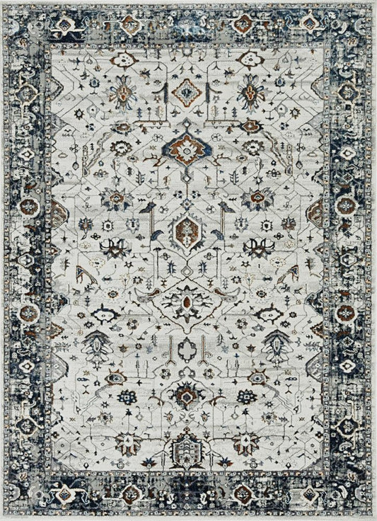 7' Gray And Ivory Floral Medallion Area Rug