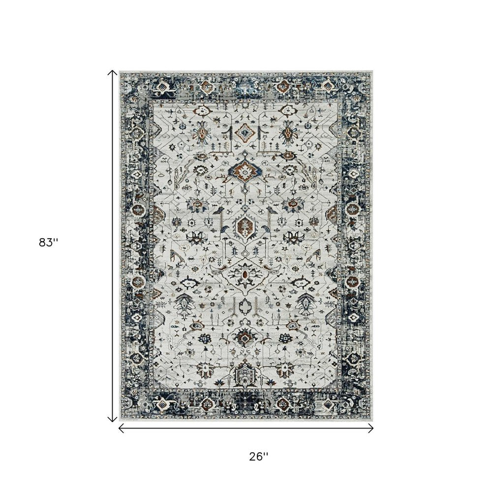 7' Gray And Ivory Floral Medallion Area Rug