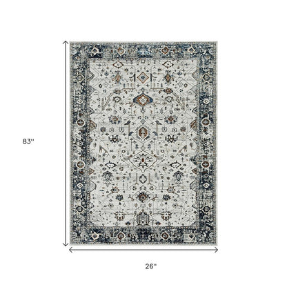 7' Gray And Ivory Floral Medallion Area Rug