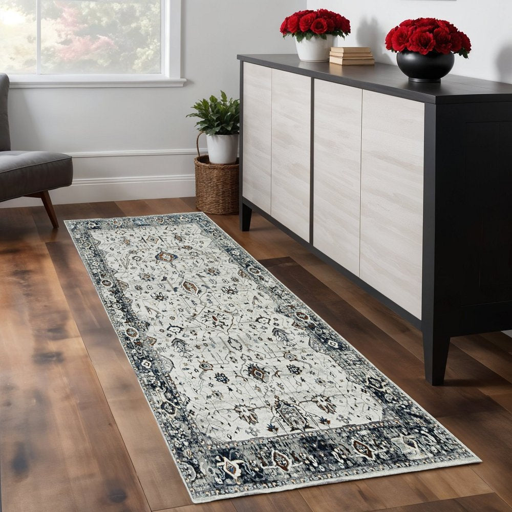 8' X 11' Ivory Gray And Brown Floral Area Rug