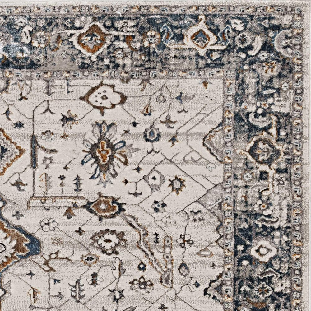 7' Gray And Ivory Floral Medallion Area Rug
