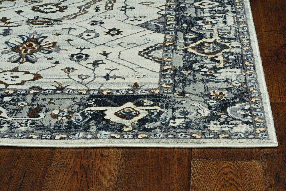 7' Gray And Ivory Floral Medallion Area Rug