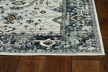 7' Gray And Ivory Floral Medallion Area Rug