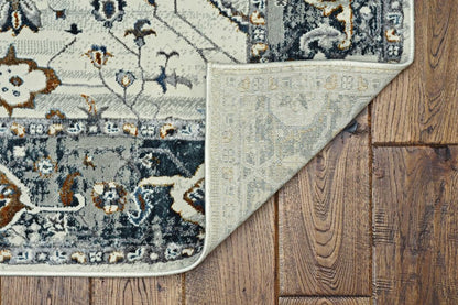 7' Gray And Ivory Floral Medallion Area Rug
