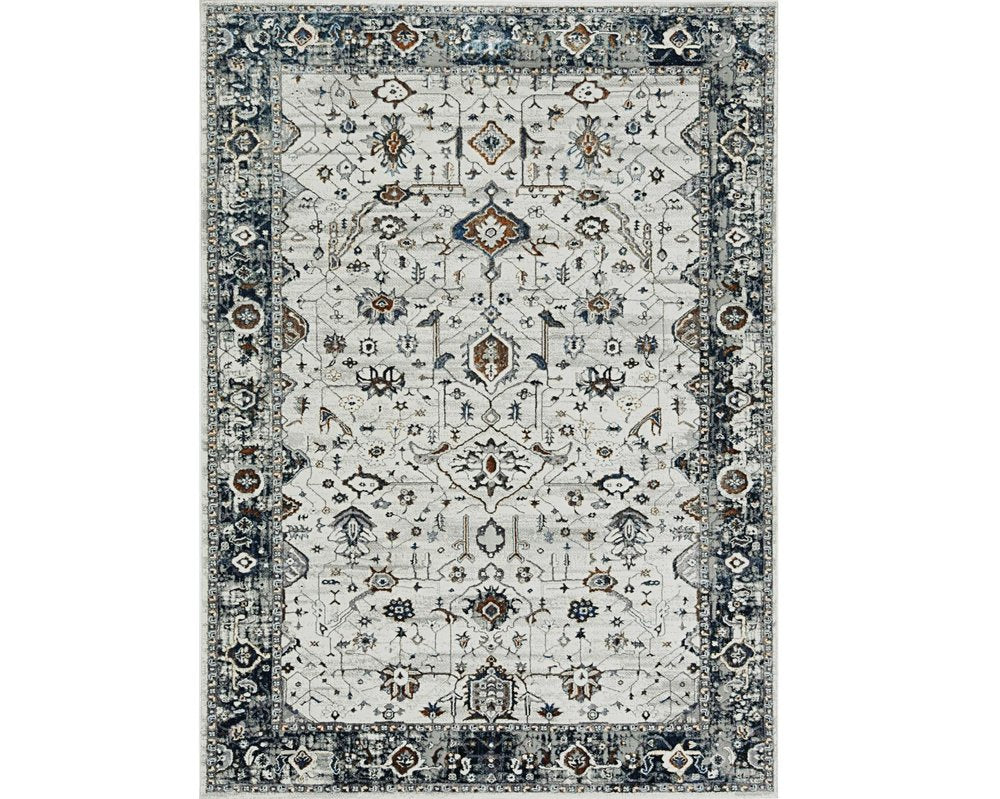 7' Gray And Ivory Floral Medallion Area Rug