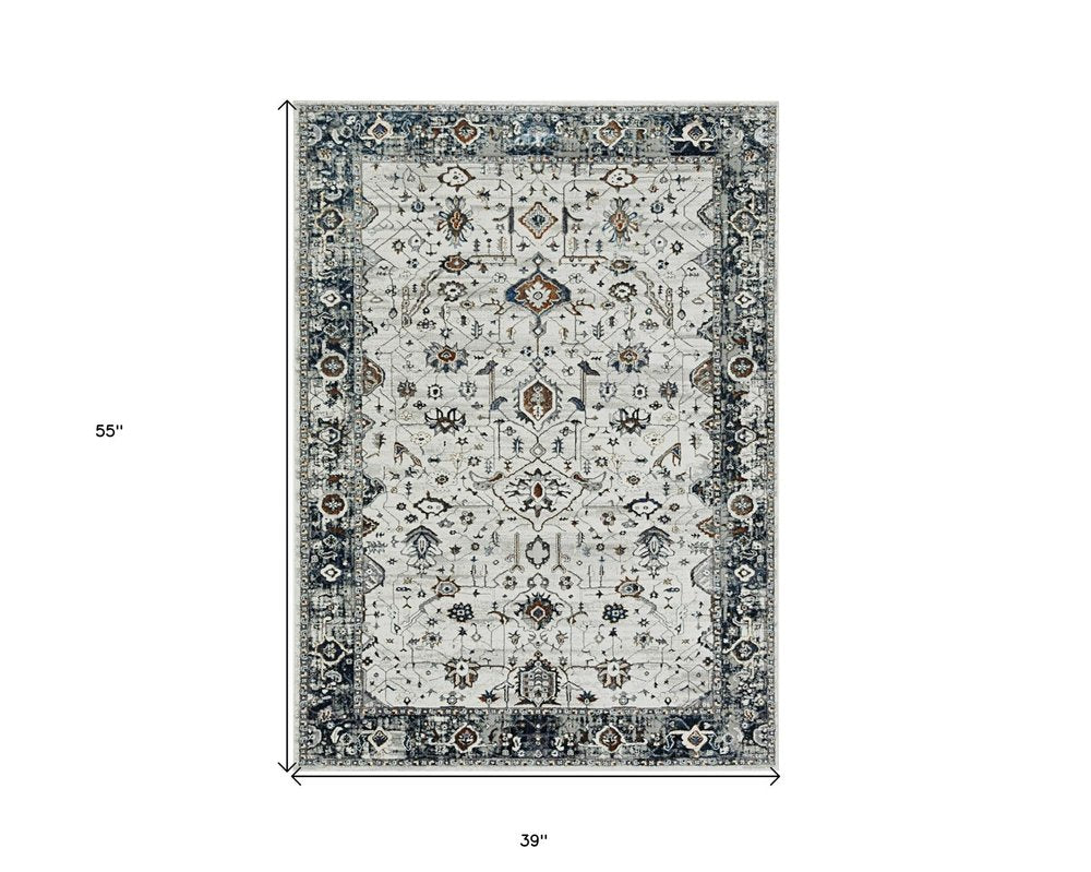 7' Gray And Ivory Floral Medallion Area Rug