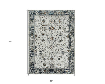 3' X 5' Gray And Ivory Floral Medallion Distressed Area Rug