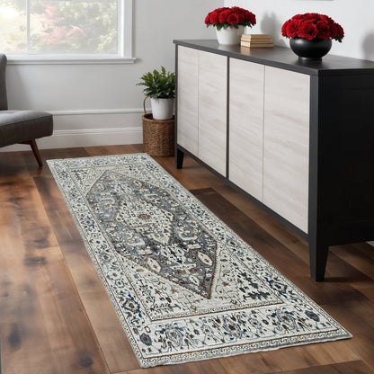 8' X 11' Ivory Gray And Brown Floral Medallion Area Rug