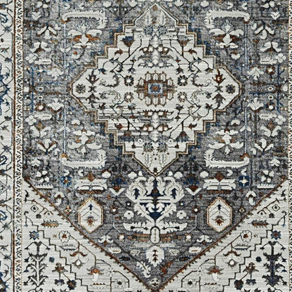 7' Gray Brown And Teal Floral Medallion Area Rug