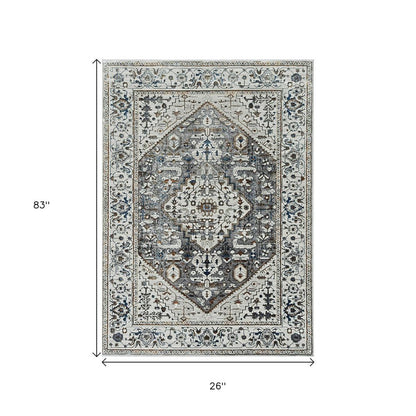 7' Gray Brown And Teal Floral Medallion Area Rug