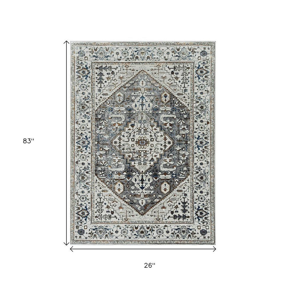 3' X 5' Gray Brown And Teal Floral Medallion Area Rug