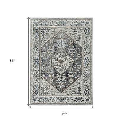 3' X 5' Gray Brown And Teal Floral Medallion Area Rug