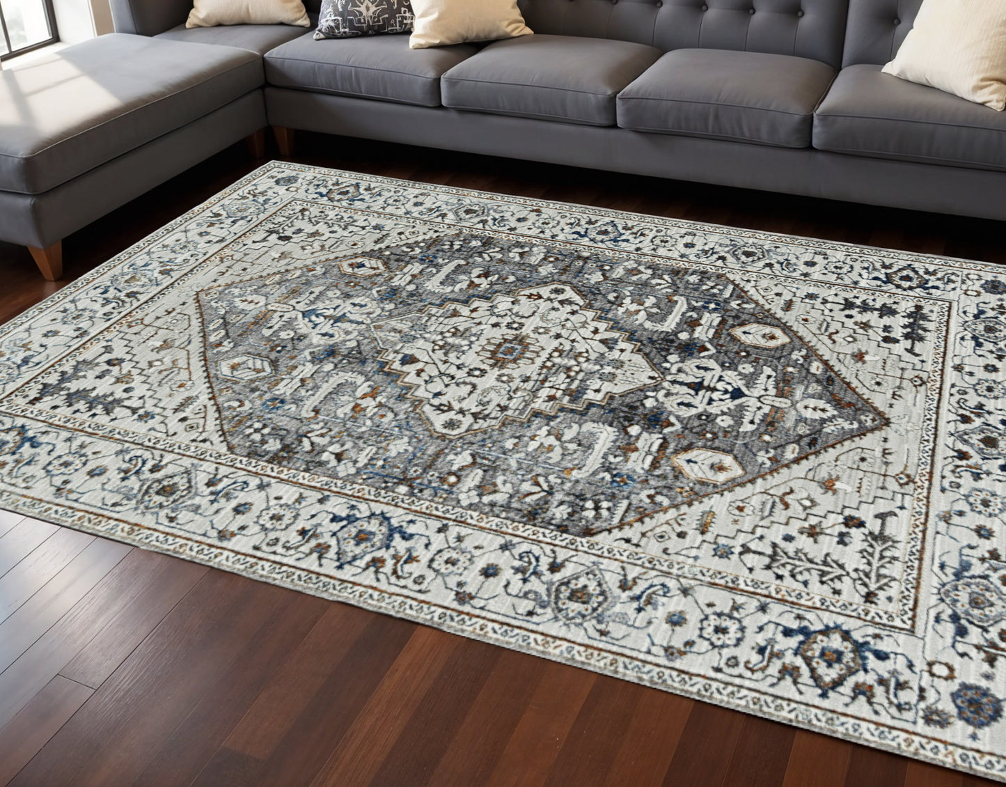 8' X 11' Ivory Gray And Brown Floral Medallion Area Rug