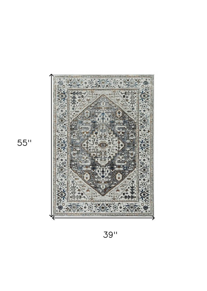 7' Gray Brown And Teal Floral Medallion Area Rug