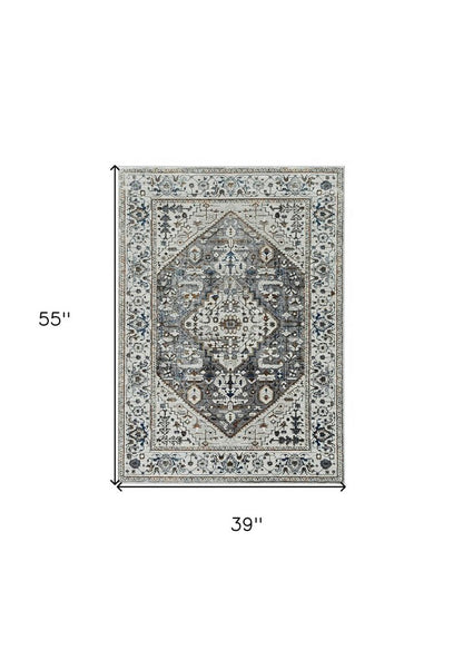 7' Gray Brown And Teal Floral Medallion Area Rug