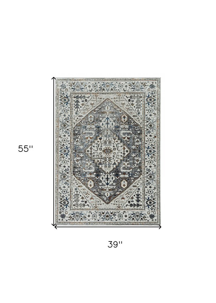 3' X 5' Gray Brown And Teal Floral Medallion Area Rug