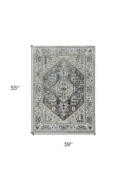 3' X 5' Gray Brown And Teal Floral Medallion Area Rug