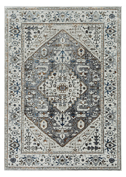 8' X 11' Ivory Gray And Brown Floral Medallion Area Rug