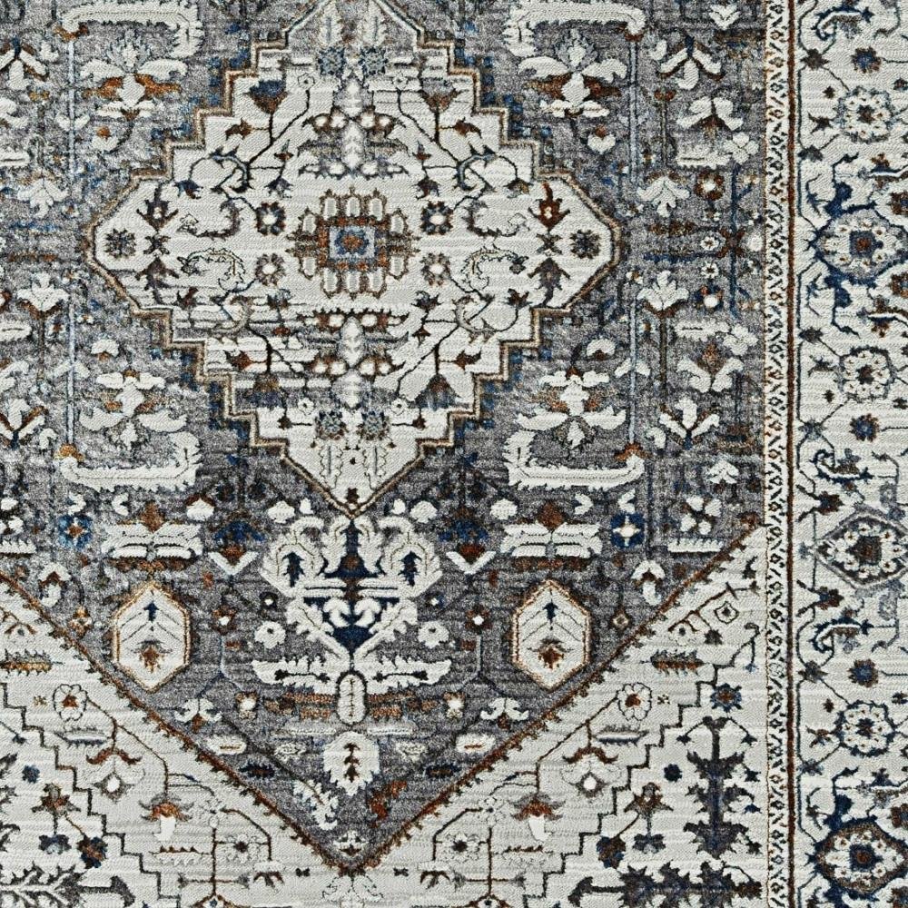 7' Gray Brown And Teal Floral Medallion Area Rug