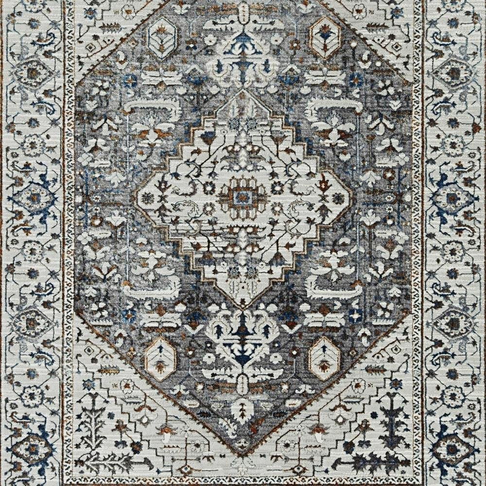 7' Gray Brown And Teal Floral Medallion Area Rug