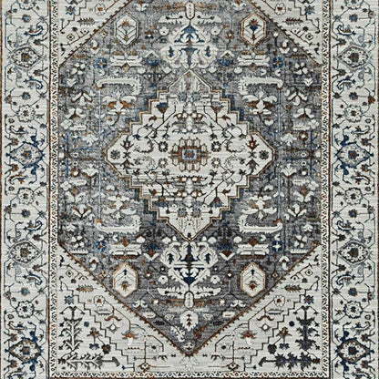 7' Gray Brown And Teal Floral Medallion Area Rug
