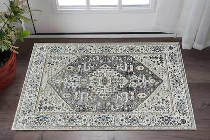 7' Gray Brown And Teal Floral Medallion Area Rug