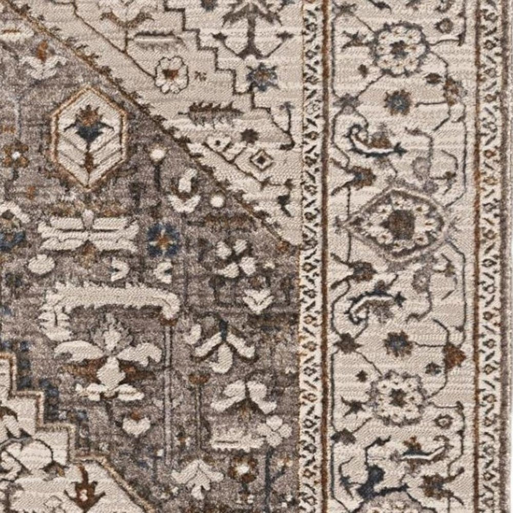 8' X 11' Ivory Gray And Brown Floral Medallion Area Rug