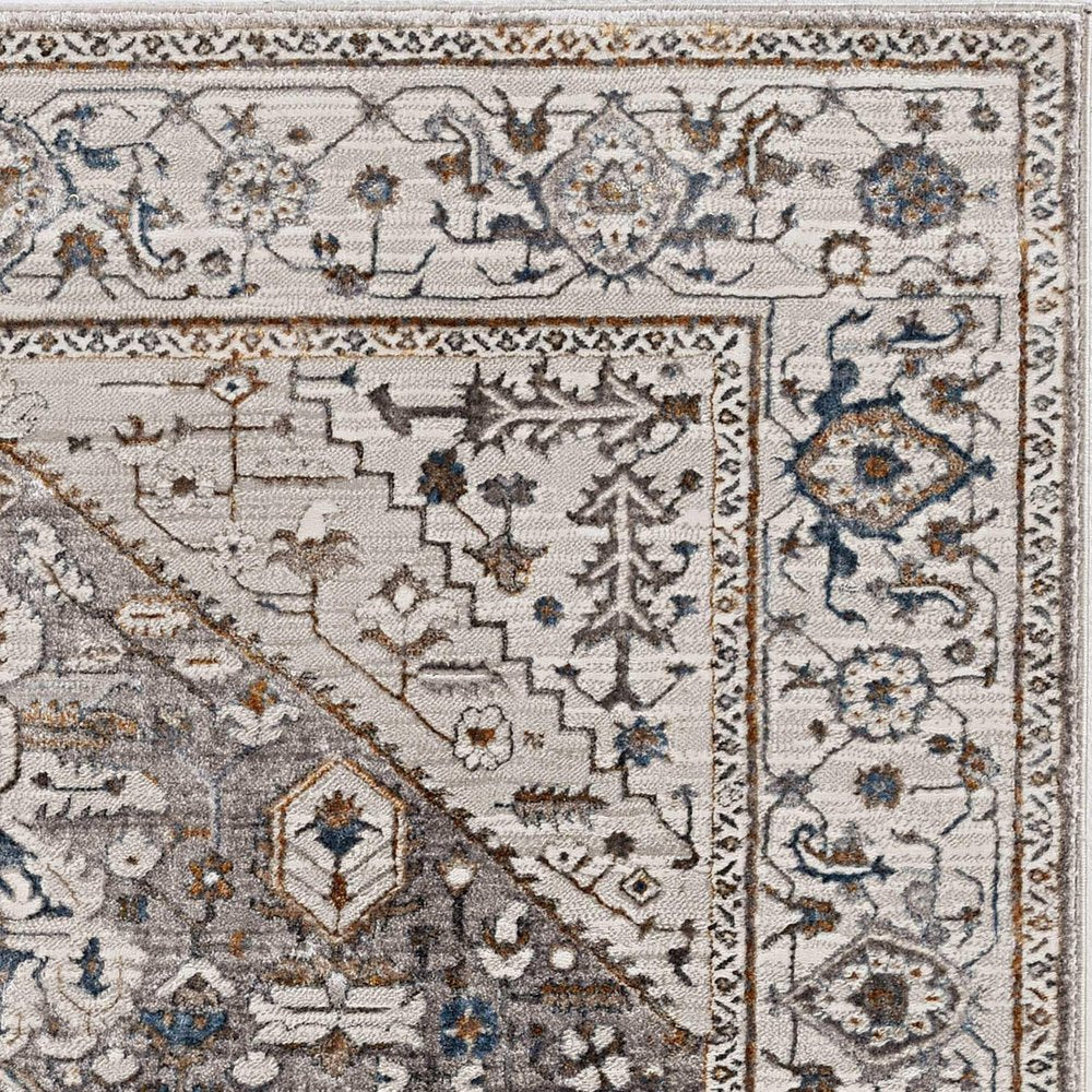 7' Gray Brown And Teal Floral Medallion Area Rug