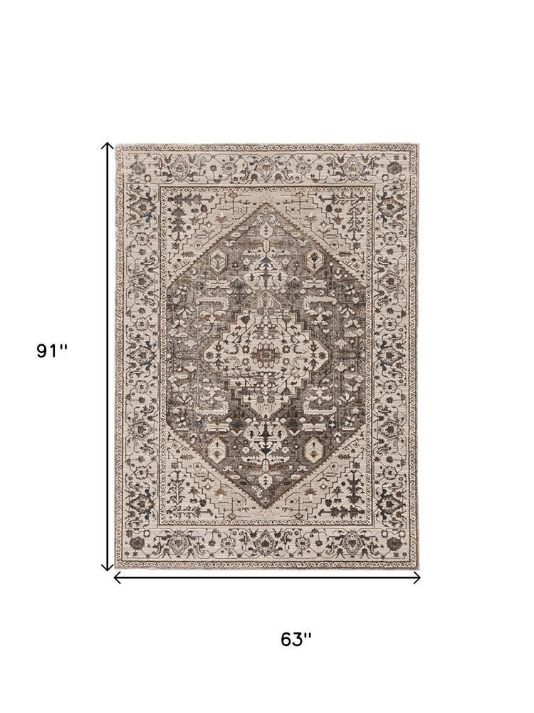 8' X 11' Ivory Gray And Brown Floral Medallion Area Rug