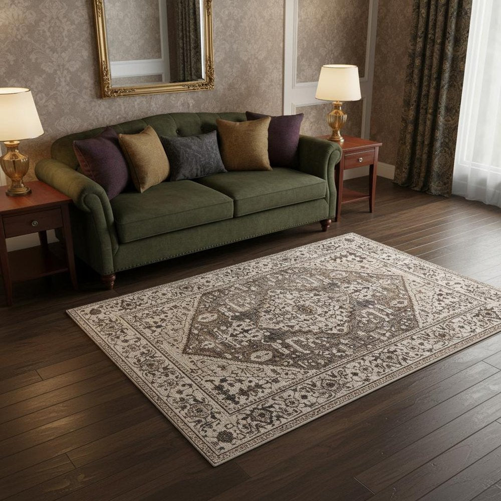 8' X 11' Ivory Gray And Brown Floral Medallion Area Rug