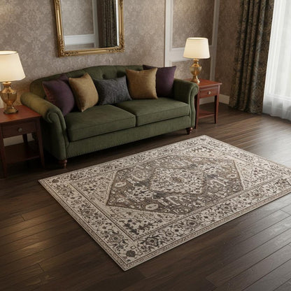 8' X 11' Ivory Gray And Brown Floral Medallion Area Rug