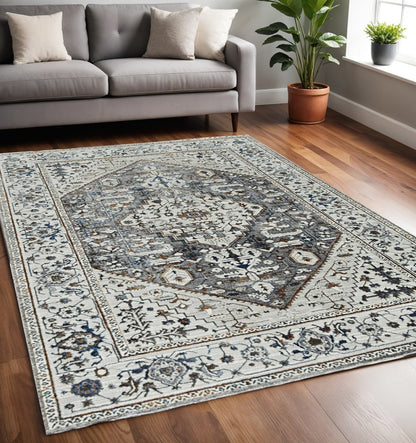 8' X 11' Ivory Gray And Brown Floral Medallion Area Rug