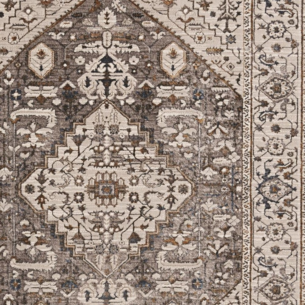 8' X 11' Ivory Gray And Brown Floral Medallion Area Rug