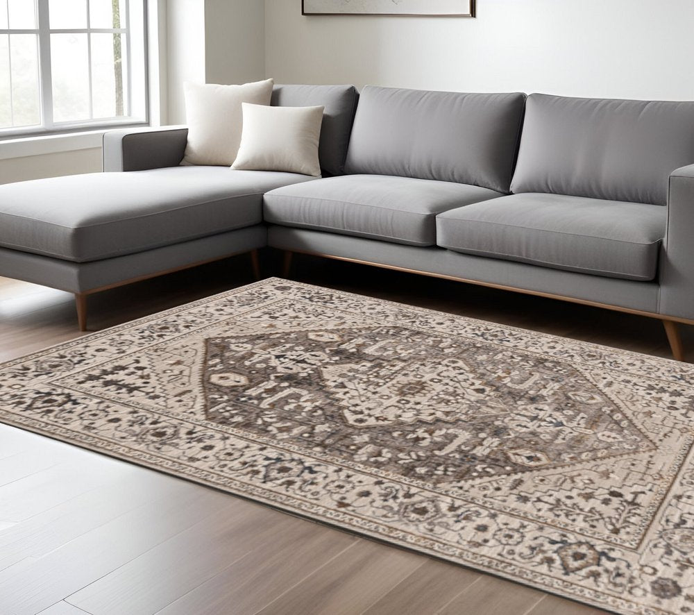 8' X 11' Ivory Gray And Brown Floral Medallion Area Rug