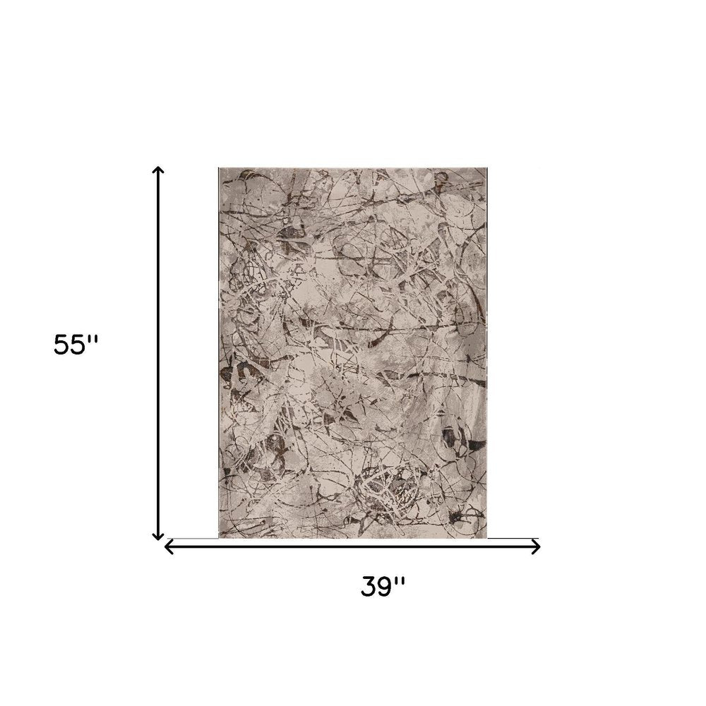 7' Ivory Grey Machine Woven Abstract Vermicular Indoor Runner Rug